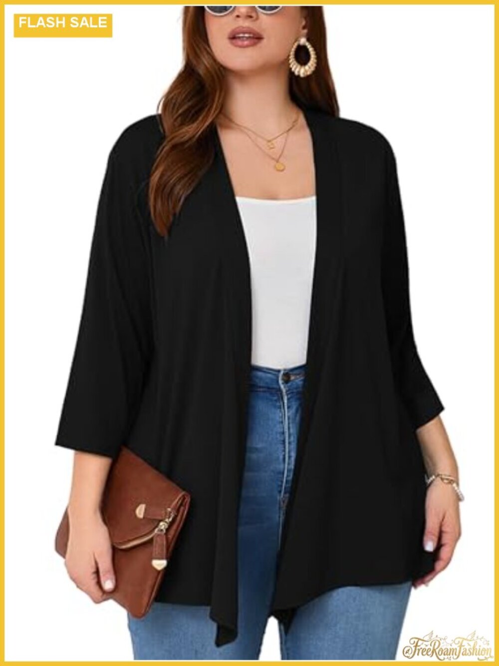 Plus Size Lightweight Open Front Cardigan 3/4 Sleeve Kimono Shrug